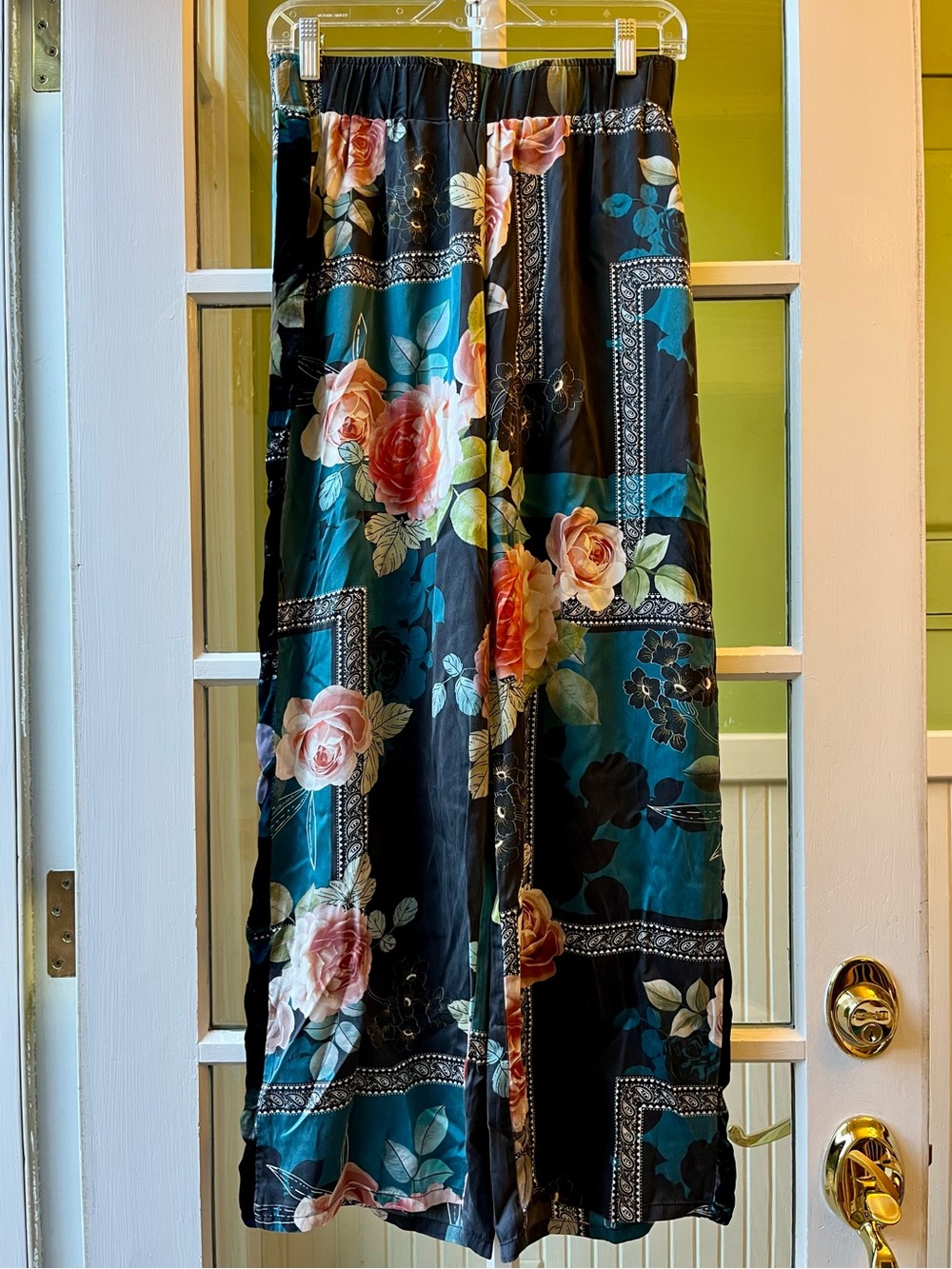 Johnny Was Black Teal Pink Floral Wide Leg Pants with Velvet Side Stripes